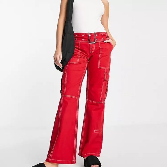 ASOS DESIGN Belted Flare Combat Cargo Pants In Red Size 8 NWOT - Picture 1 of 13